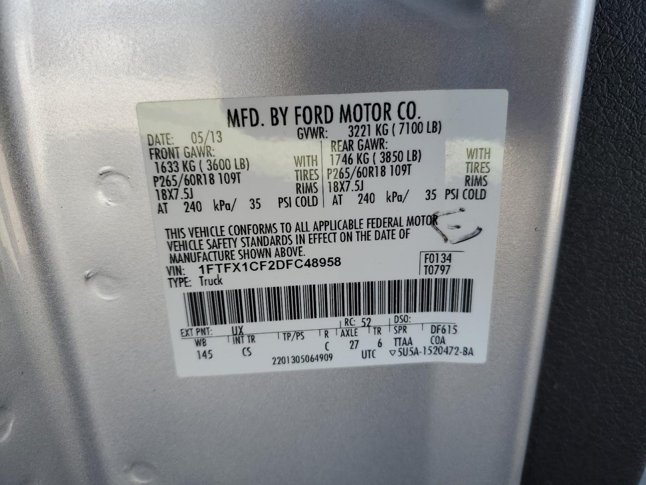 2013 Ford F150 Super Cab VIN: 1FTFX1CF2DFC48958 Lot: 82469285
