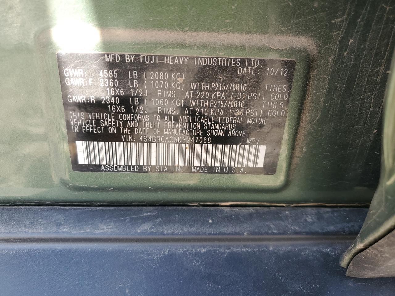 2013 Subaru Outback 2.5I VIN: 4S4BRCAC5D3247068 Lot: 82186375