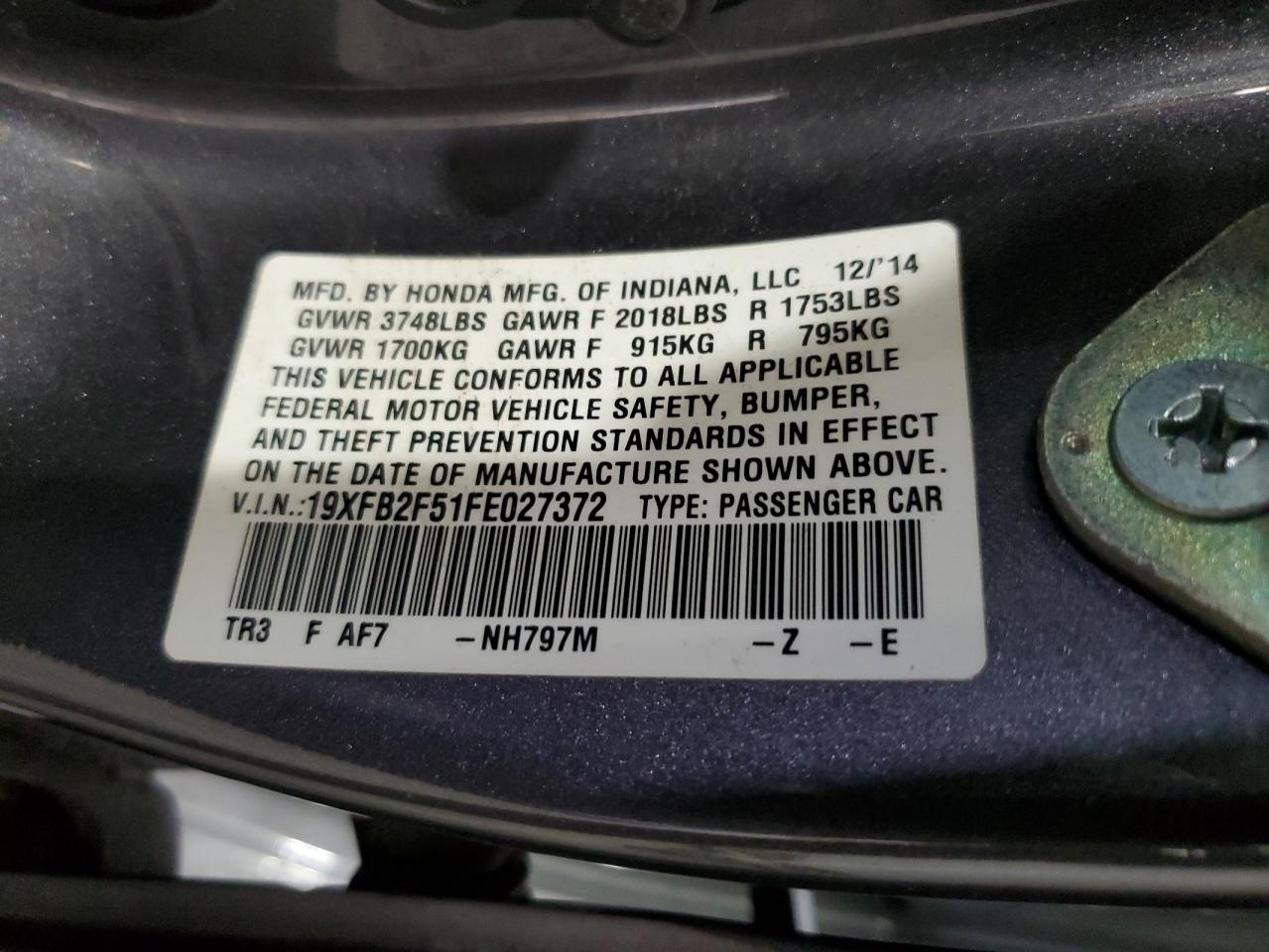 2015 Honda Civic Lx VIN: 19XFB2F51FE027372 Lot: 85149255