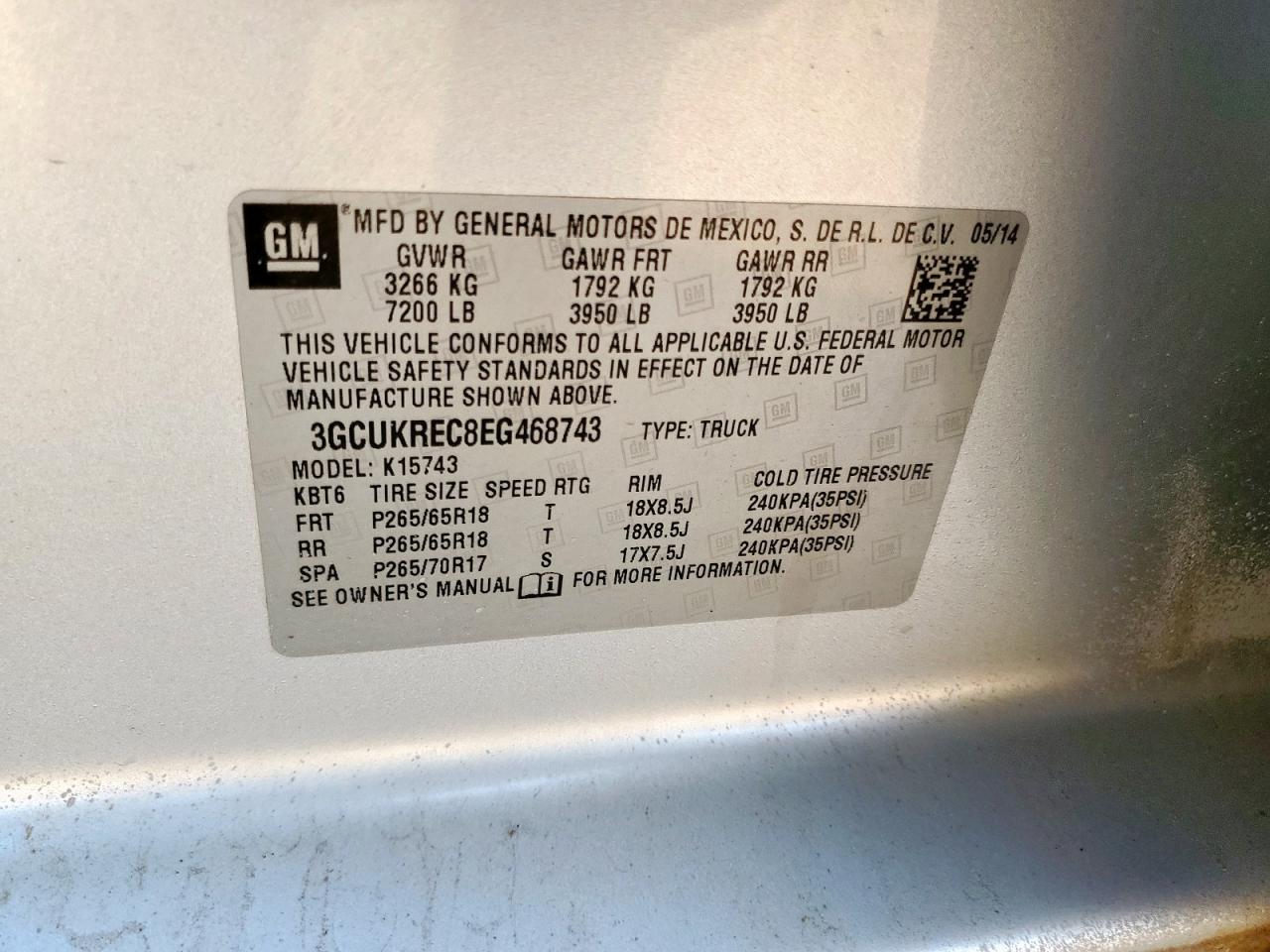 2014 Chevrolet Silverado K1500 Lt VIN: 3GCUKREC8EG468743 Lot: 85144175