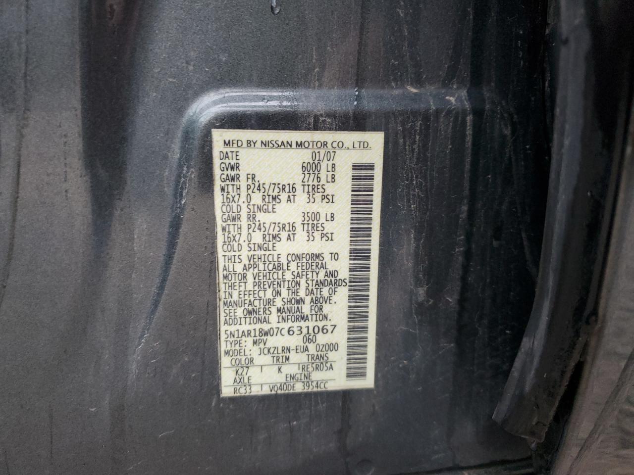 2007 Nissan Pathfinder Le VIN: 5N1AR18W07C631067 Lot: 90690985