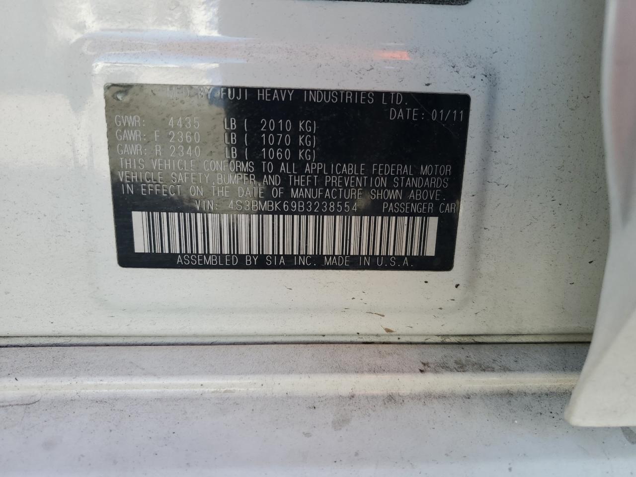 2011 Subaru Legacy 2.5I Limited VIN: 4S3BMBK69B3238554 Lot: 86864425