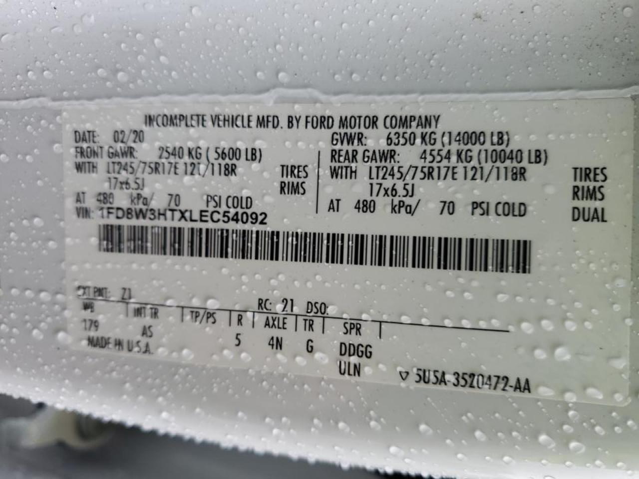 2020 Ford F350 Super Duty Utility / Service Truck VIN: 1FD8W3HTXLEC54092 Lot: 89901945