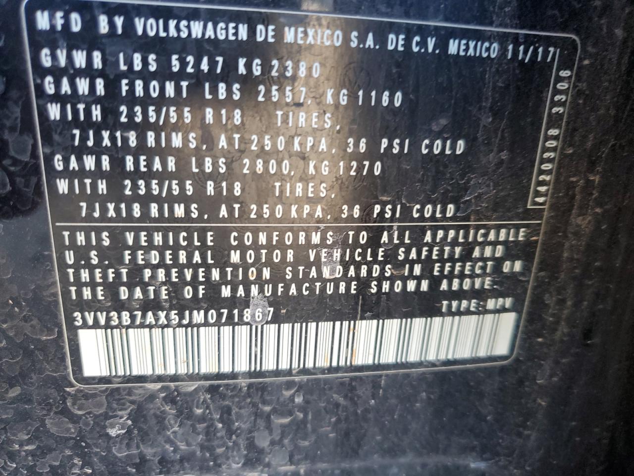 2018 Volkswagen Tiguan Se VIN: 3VV3B7AX5JM071867 Lot: 84943135