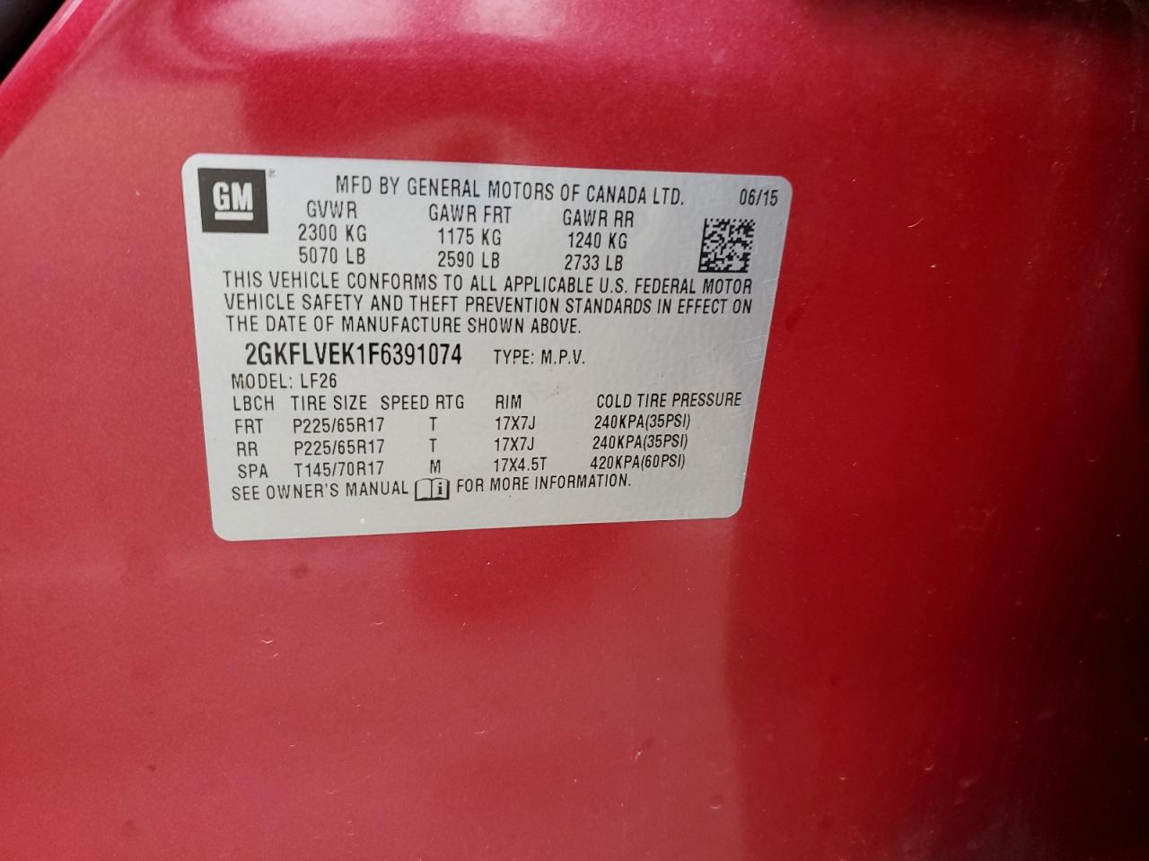 2015 GMC Terrain Sle VIN: 2GKFLVEK1F6391074 Lot: 90254345