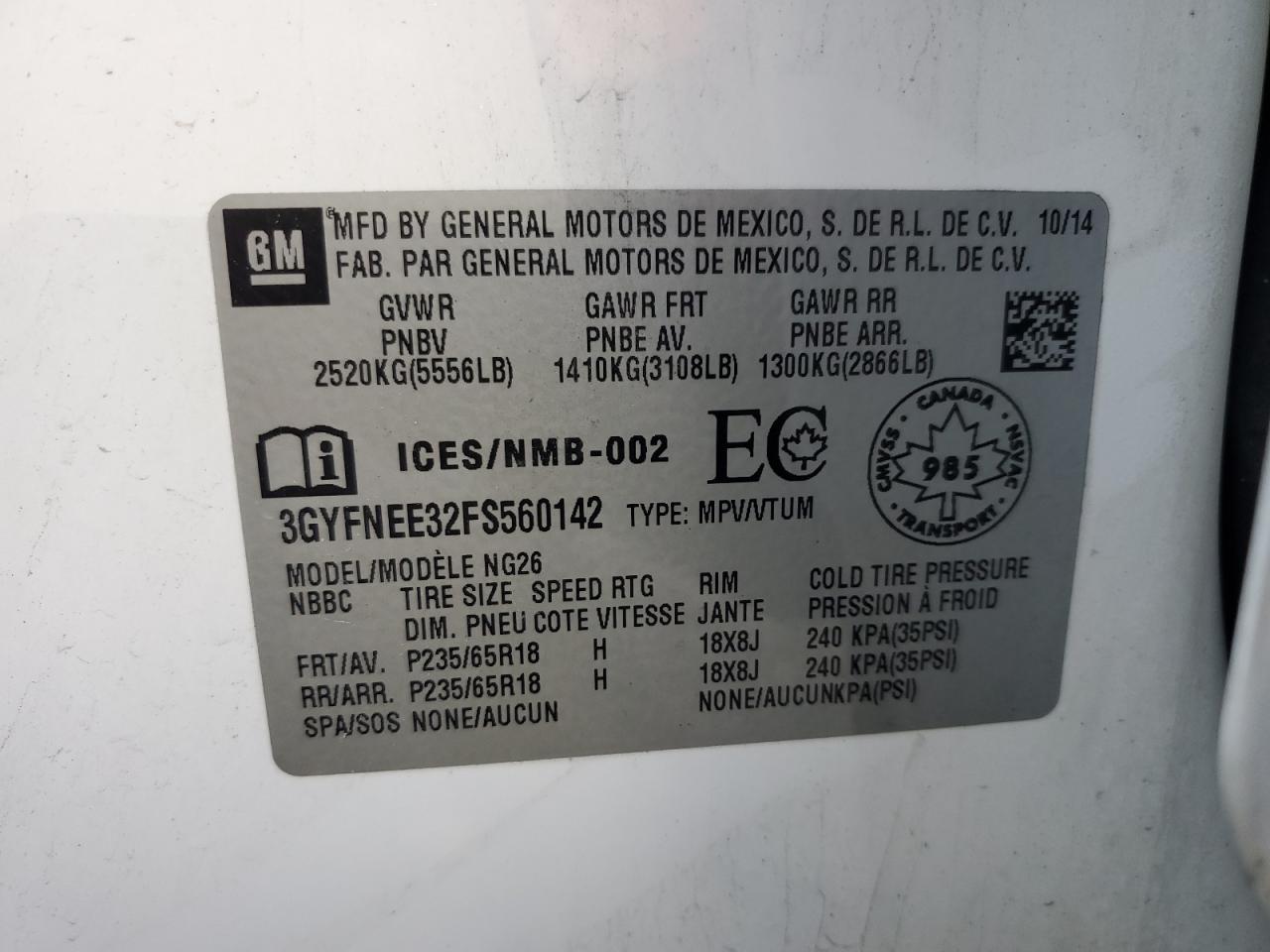 2015 Cadillac Srx Luxury Collection VIN: 3GYFNEE32FS560142 Lot: 89655325