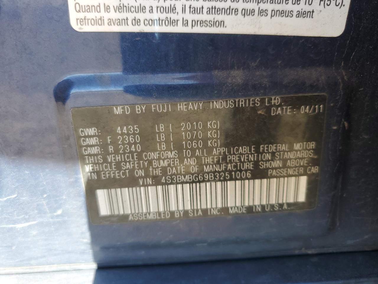 2011 Subaru Legacy 2.5I Premium VIN: 4S3BMBG69B3251006 Lot: 90688035