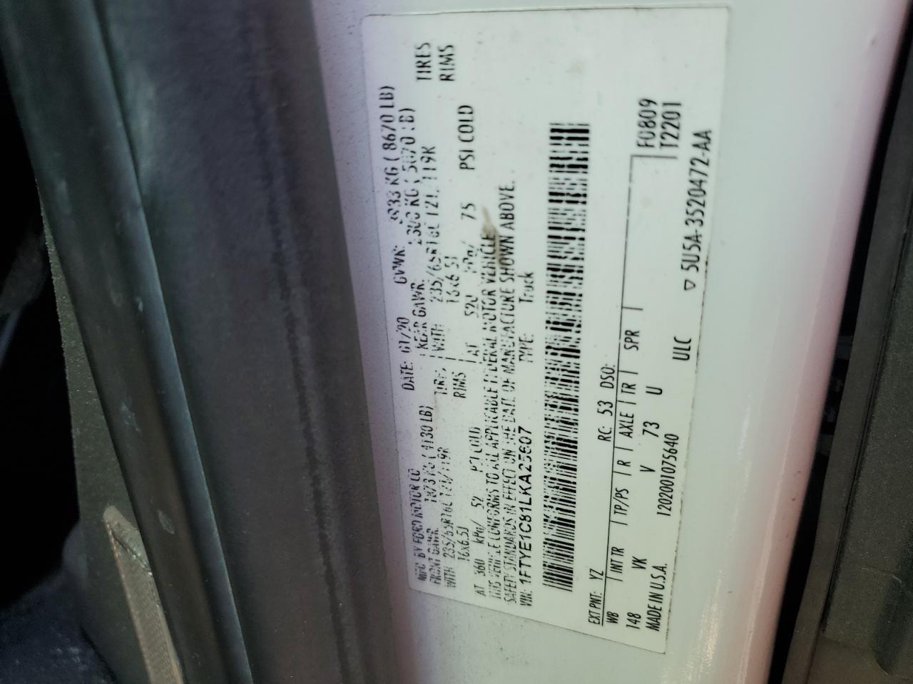 2020 Ford Transit T-150 VIN: 1FTYE1C81LKA25607 Lot: 90027595