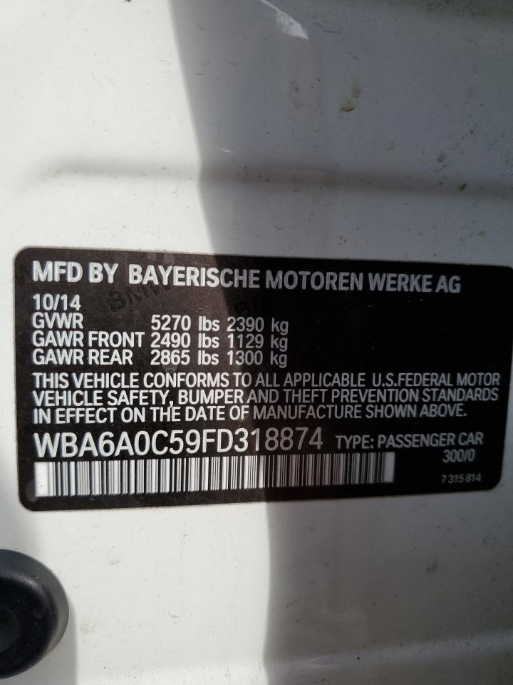 2015 BMW 640 I Gran Coupe VIN: WBA6A0C59FD318874 Lot: 82210215