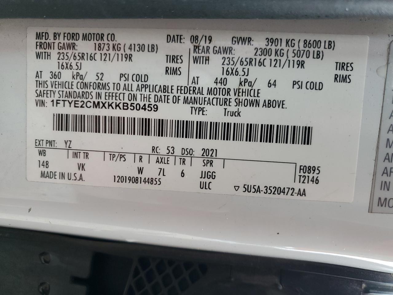2019 Ford Transit T-150 VIN: 1FTYE2CMXKKB50459 Lot: 86434245