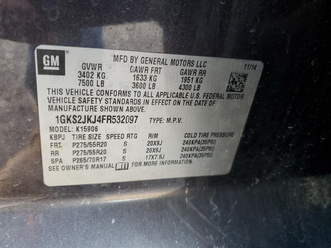 2015 GMC Yukon Xl Denali VIN: 1GKS2JKJ4FR532097 Lot: 82282375
