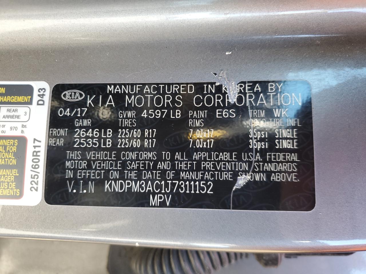 2018 Kia Sportage Lx VIN: KNDPM3AC1J7311152 Lot: 85842025