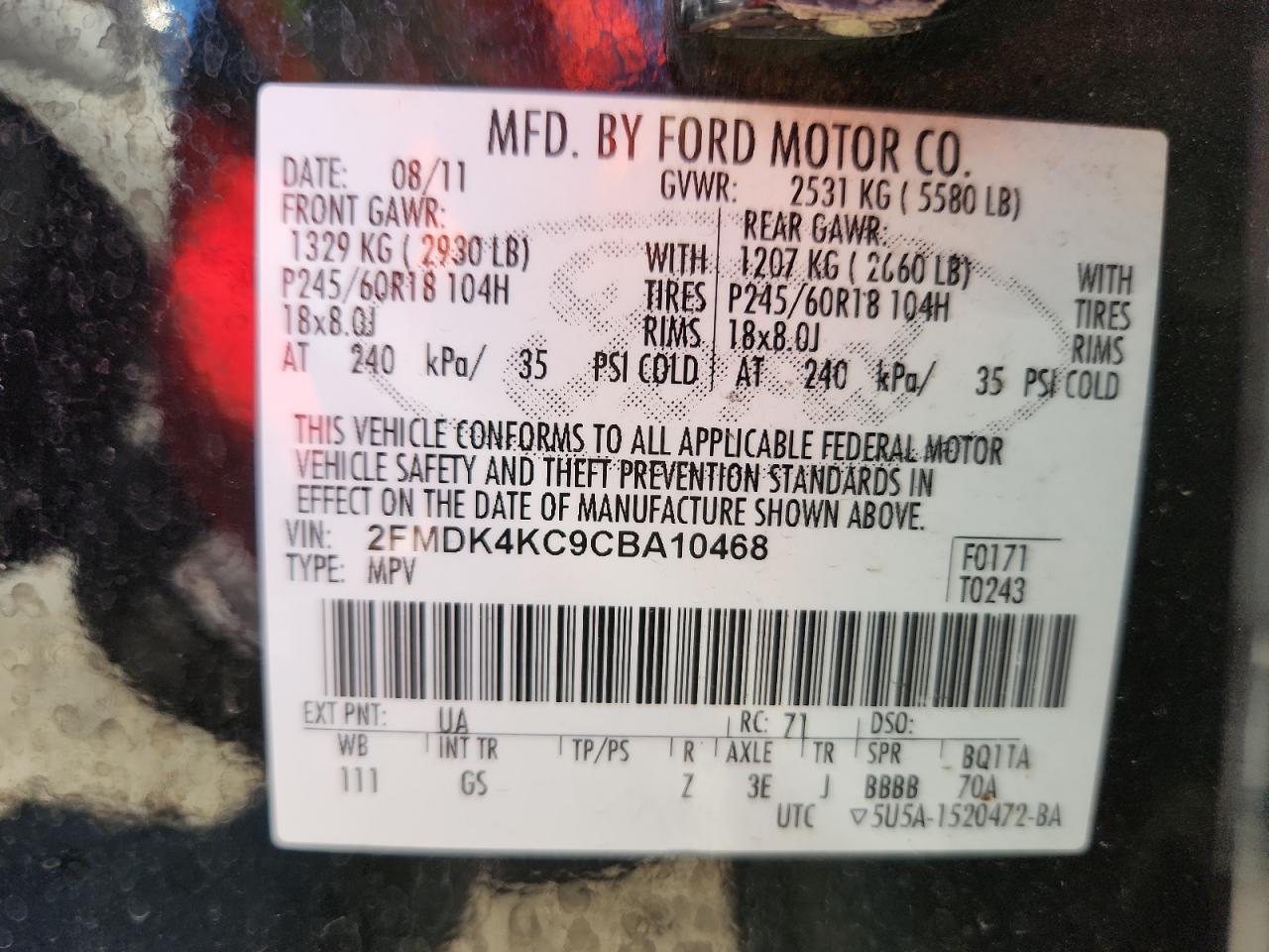 2012 Ford Edge Limited VIN: 2FMDK4KC9CBA10468 Lot: 82304785