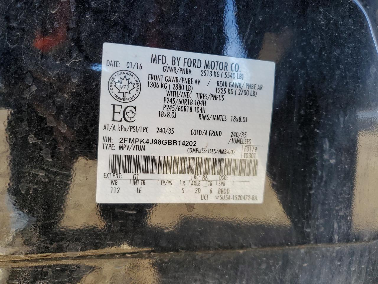 2016 Ford Edge Sel VIN: 2FMPK4J98GBB14202 Lot: 85121665