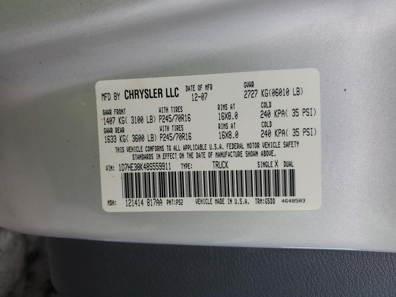 2008 Dodge Dakota Sxt VIN: 1D7HE38K48S559911 Lot: 82737845