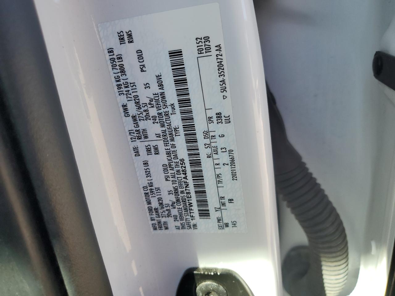 2022 Ford F150 Supercrew VIN: 1FTFW1E87NFA48256 Lot: 82651915