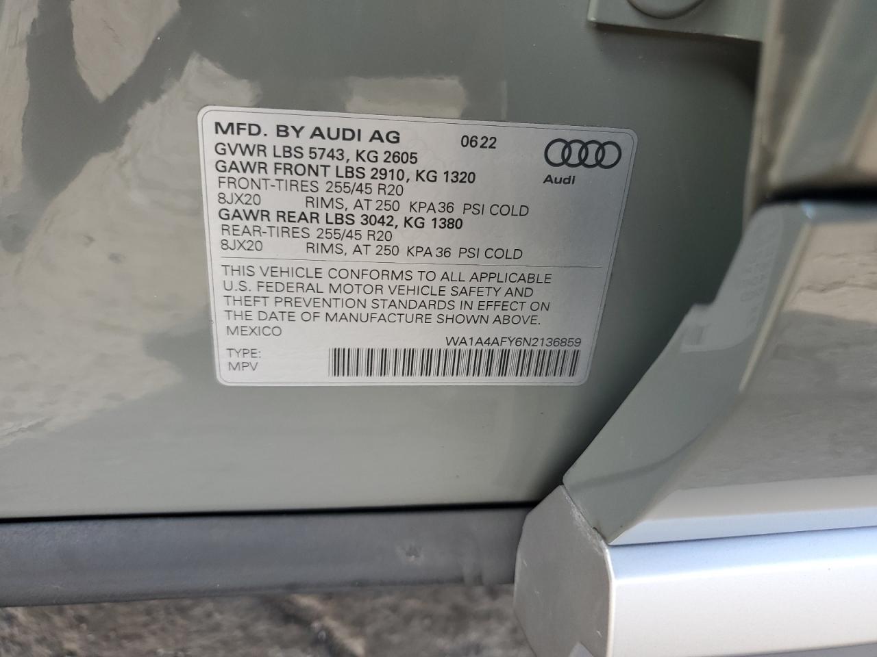 2022 Audi Sq5 Premium VIN: WA1A4AFY6N2136859 Lot: 86729235