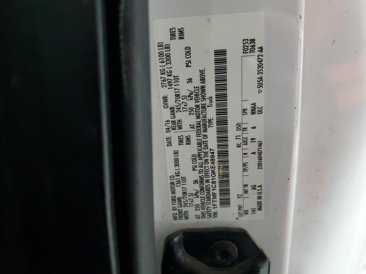 2016 Ford F150 VIN: 1FTMF1C81GKE48947 Lot: 87239385