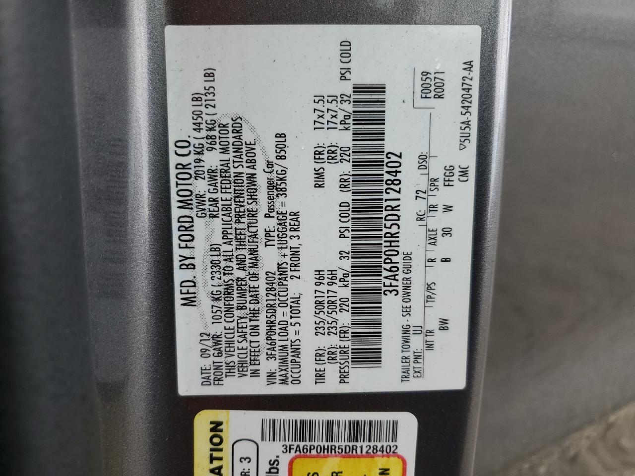 2013 Ford Fusion Se VIN: 3FA6P0HR5DR128402 Lot: 86040495