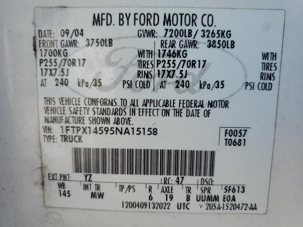 2005 Ford F150 VIN: 1FTPX14595NA15158 Lot: 82333945