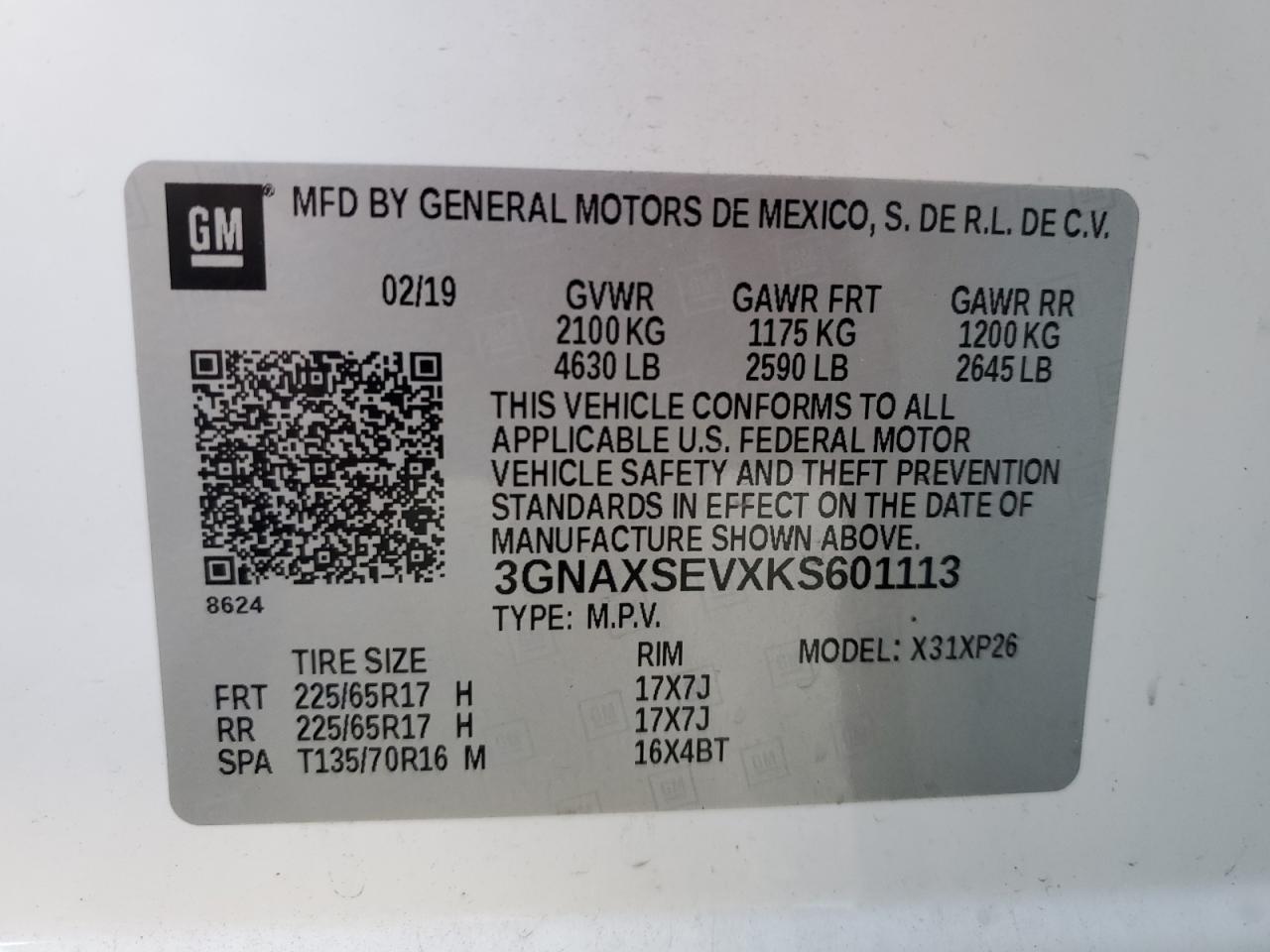 2019 Chevrolet Equinox Ls VIN: 3GNAXSEVXKS601113 Lot: 82380005