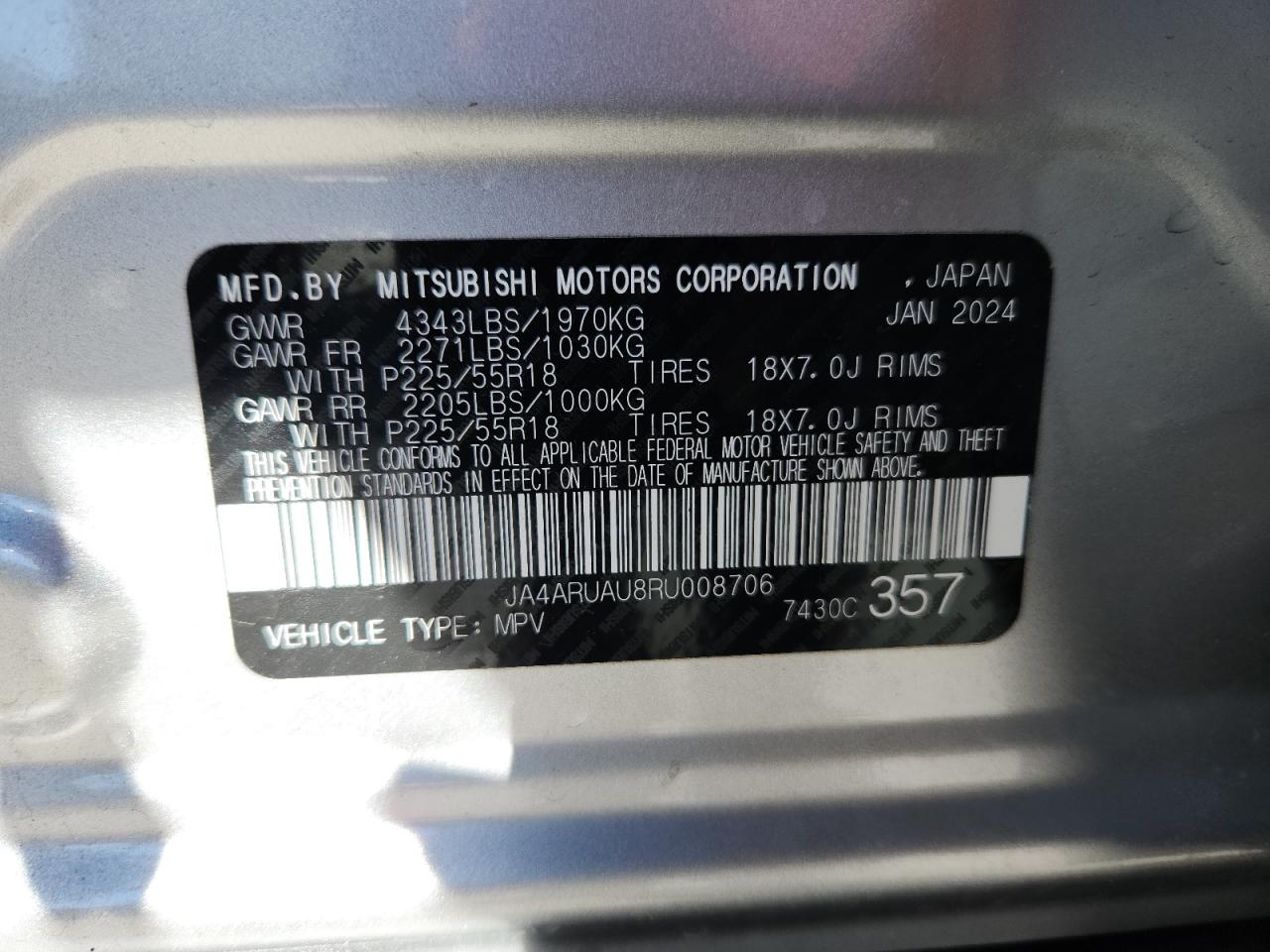 2024 Mitsubishi Outlander Sport S/Se VIN: JA4ARUAU8RU008706 Lot: 86825575