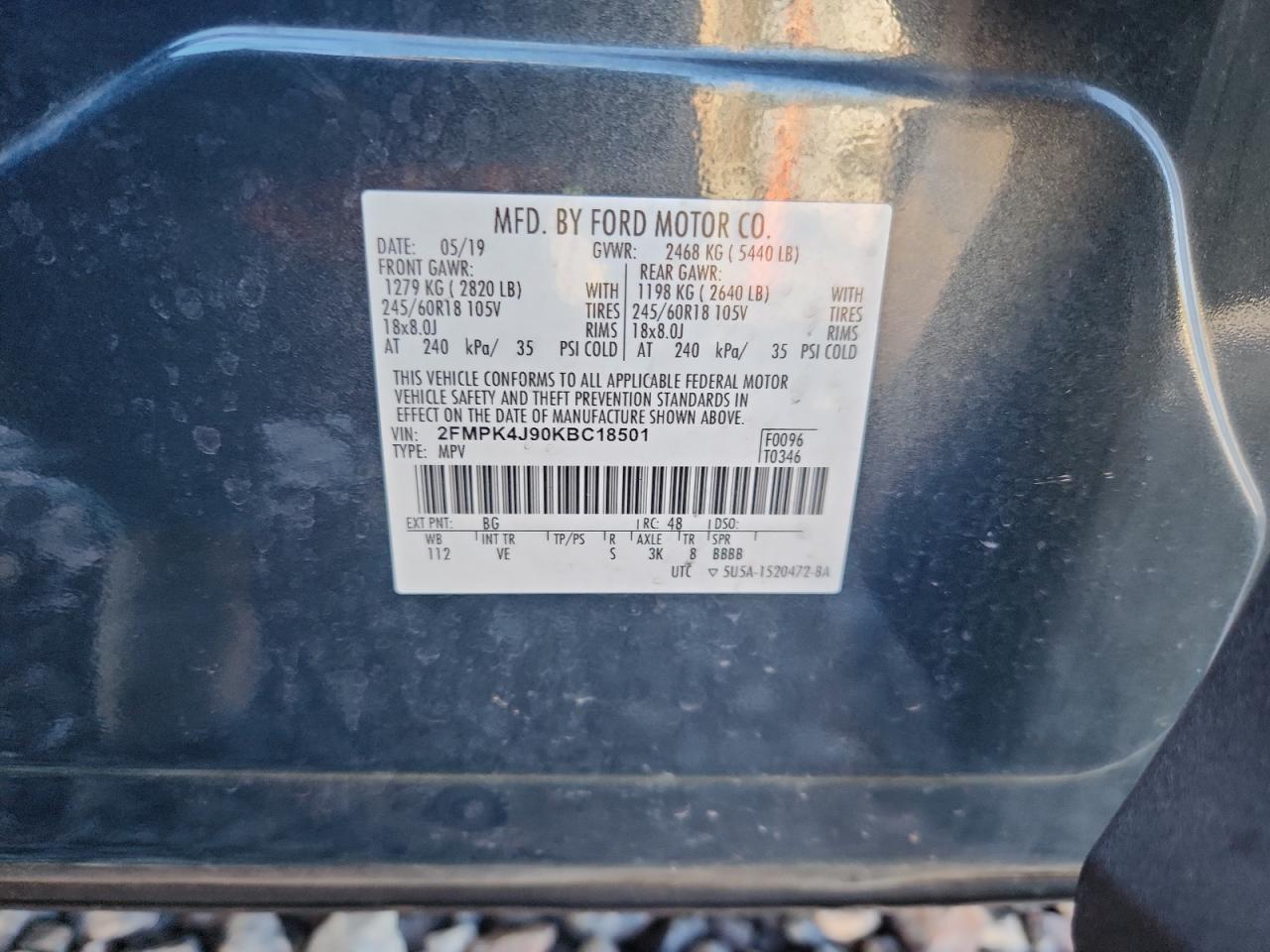 2019 Ford Edge Sel VIN: 2FMPK4J90KBC18501 Lot: 86141105