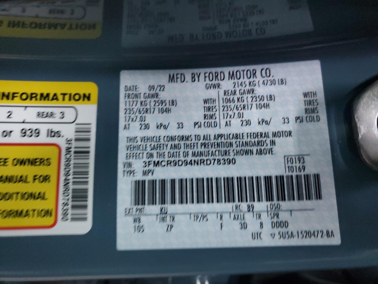 2022 Ford Bronco Sport Badlands VIN: 3FMCR9D94NRD78390 Lot: 81938695