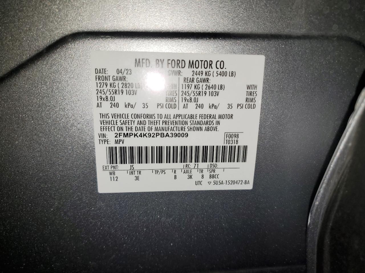 2023 Ford Edge Titan VIN: 2FMPK4K92PBA39009 Lot: 89993965