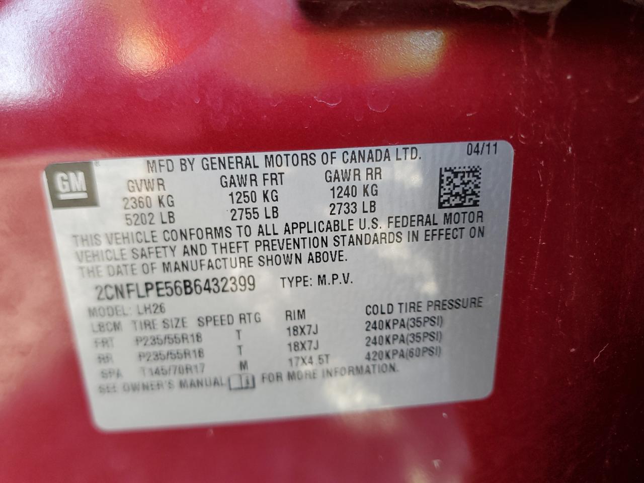 2011 Chevrolet Equinox Lt VIN: 2CNFLPE56B6432399 Lot: 84660165