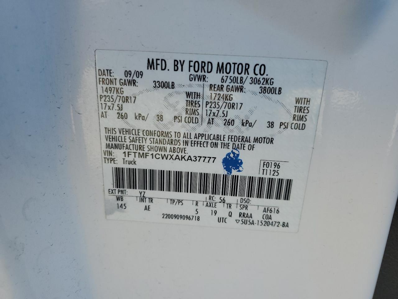 2010 Ford F150 VIN: 1FTMF1CWXAKA37777 Lot: 87411775