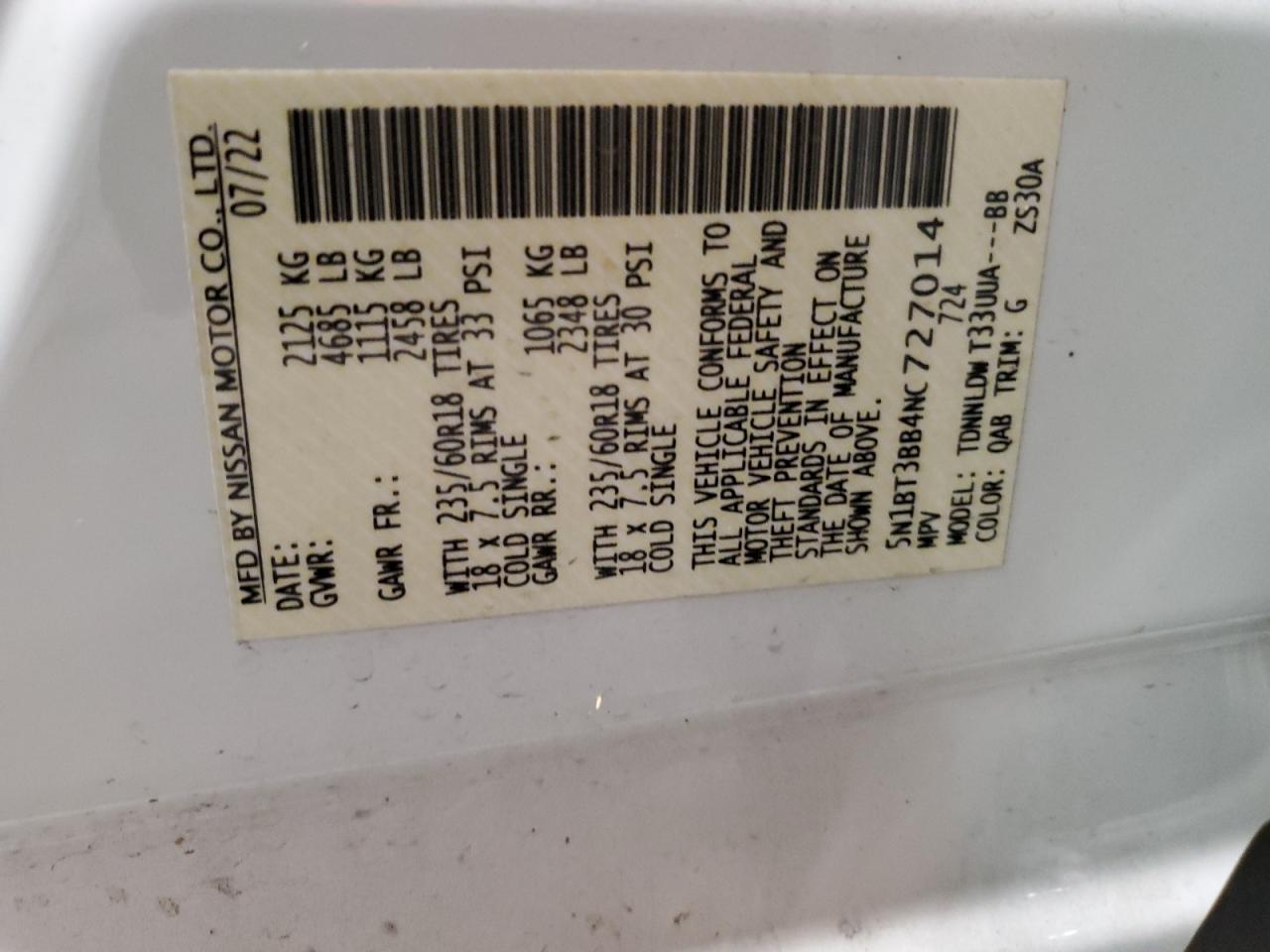 2022 Nissan Rogue Sv VIN: 5N1BT3BB4NC727014 Lot: 84797165