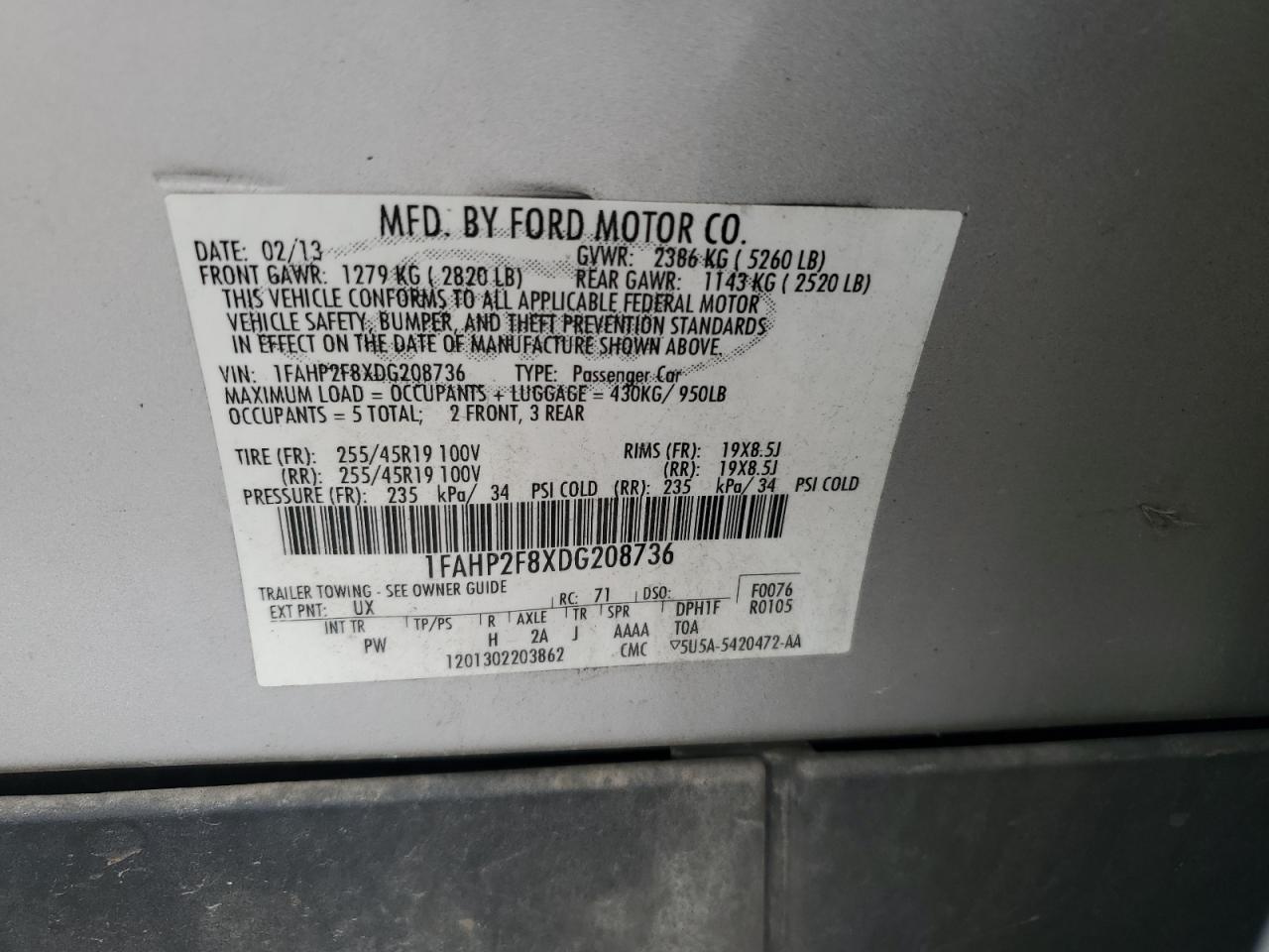 2013 Ford Taurus Limited VIN: 1FAHP2F8XDG208736 Lot: 82472675