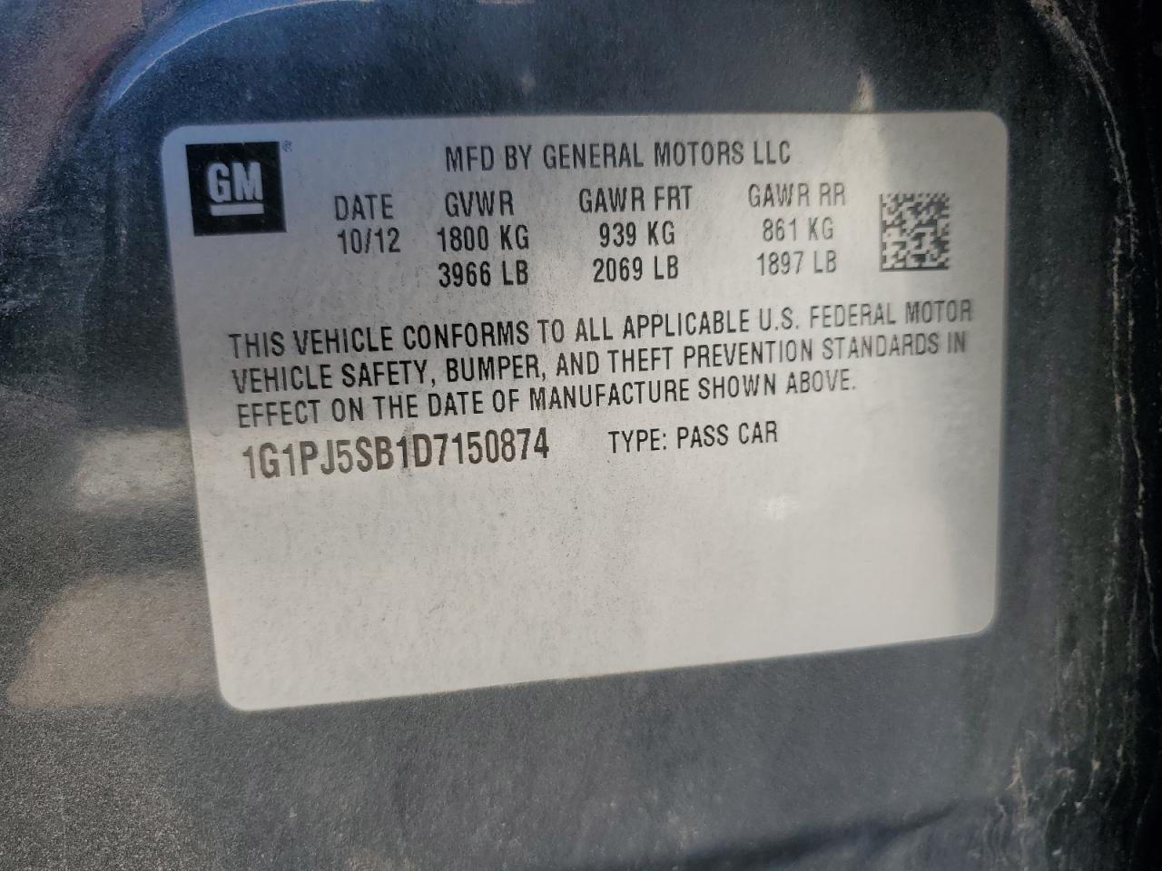 2013 Chevrolet Cruze Eco VIN: 1G1PJ5SB1D7150874 Lot: 85012525