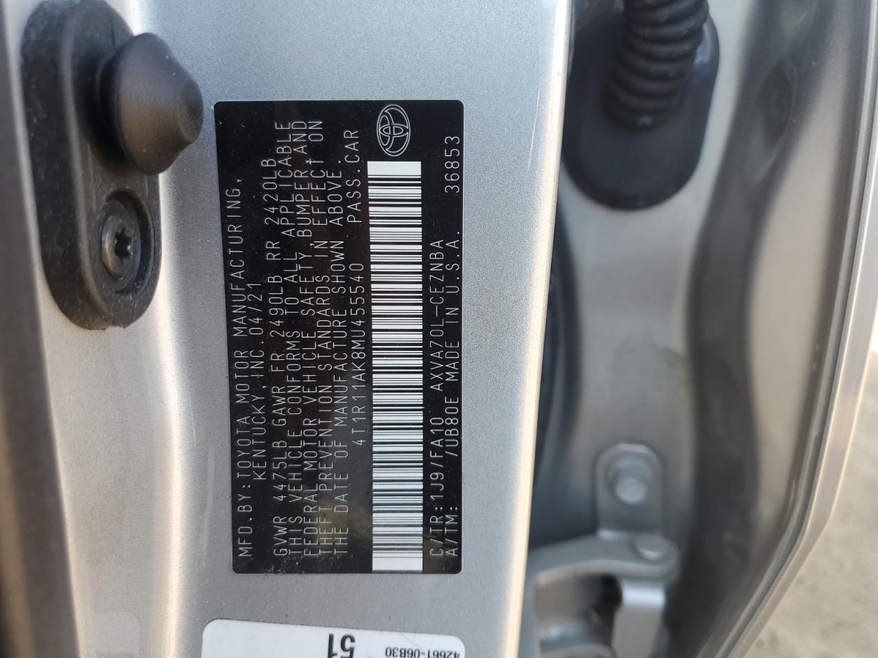 2021 Toyota Camry Le VIN: 4T1R11AK8MU455540 Lot: 82185805