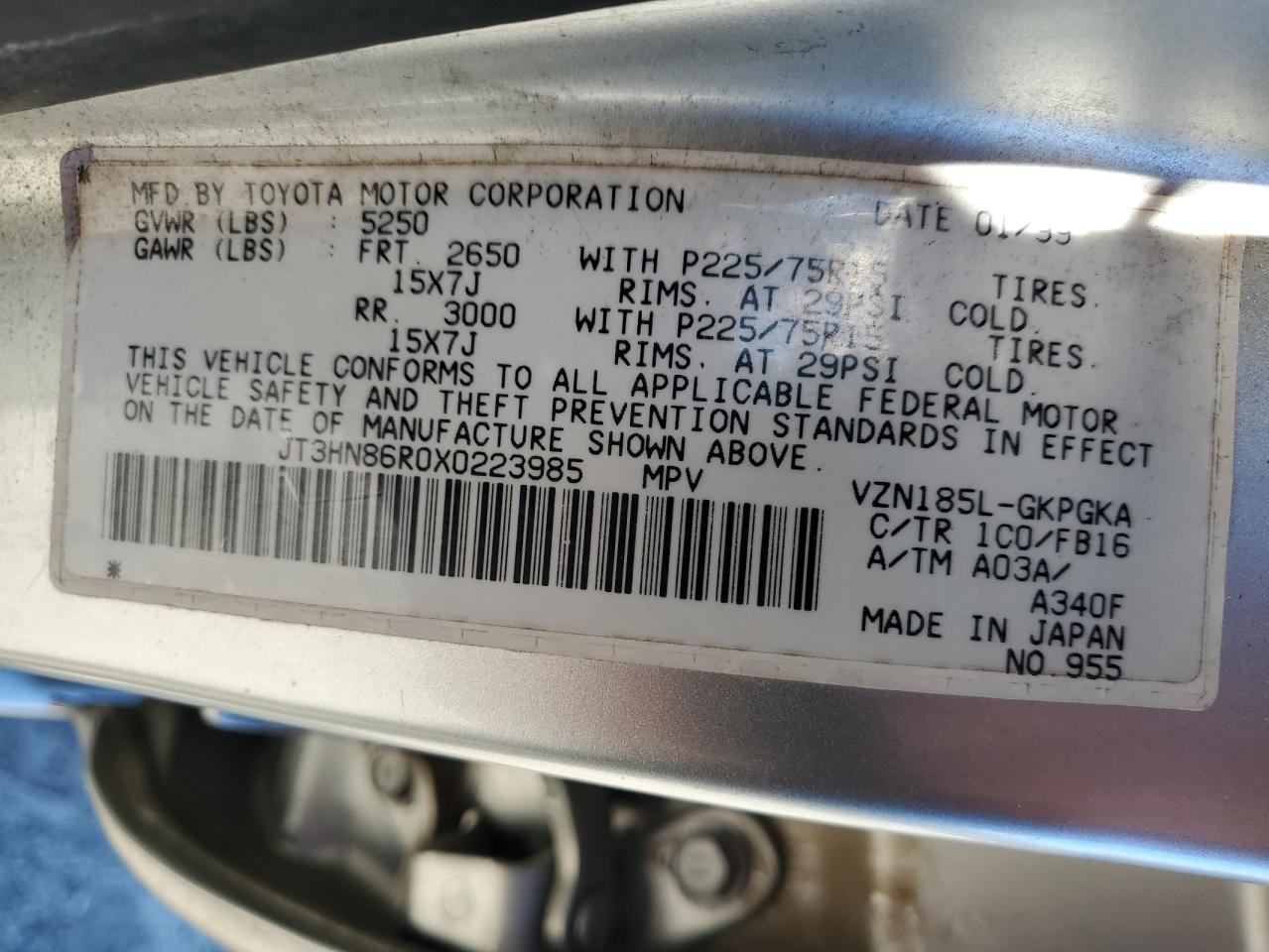 1999 Toyota 4Runner Sr5 VIN: JT3HN86R0X0223985 Lot: 87356555