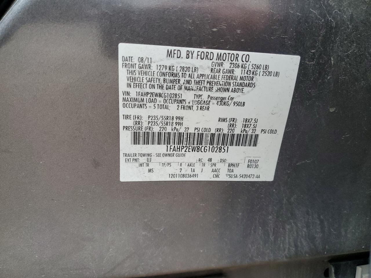 2012 Ford Taurus Sel VIN: 1FAHP2EW8CG102851 Lot: 86273955