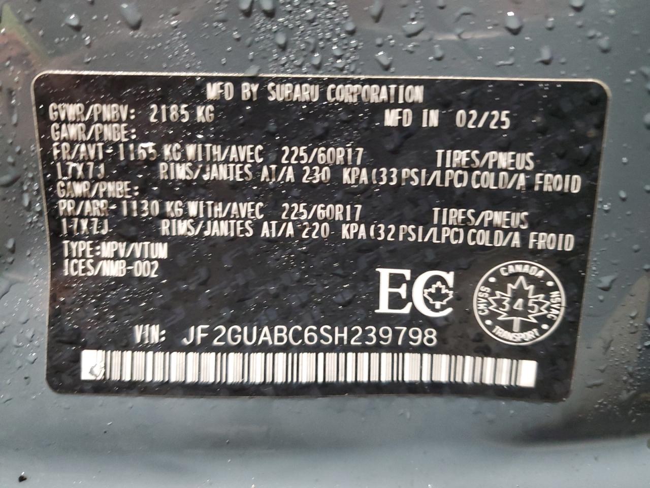 2025 Subaru Crosstrek VIN: JF2GUABC6SH239798 Lot: 85838245