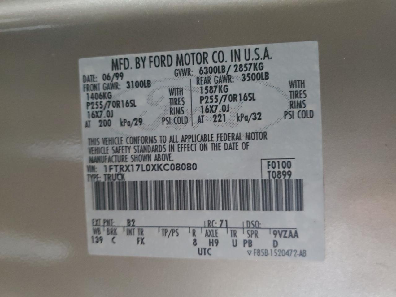 1999 Ford F150 VIN: 1FTRX17L0XKC08080 Lot: 86194105