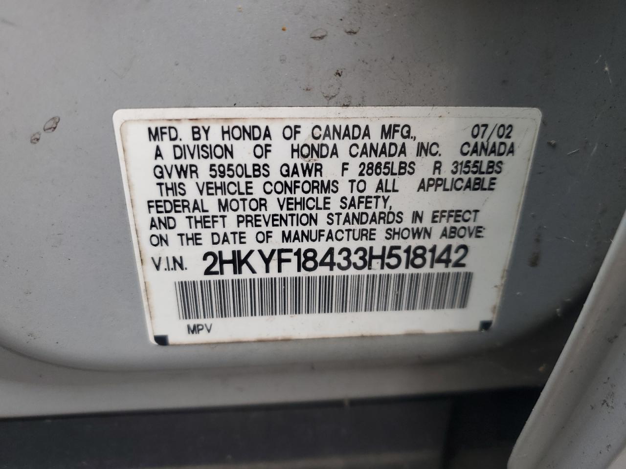 2003 Honda Pilot Ex VIN: 2HKYF18433H518142 Lot: 86689395