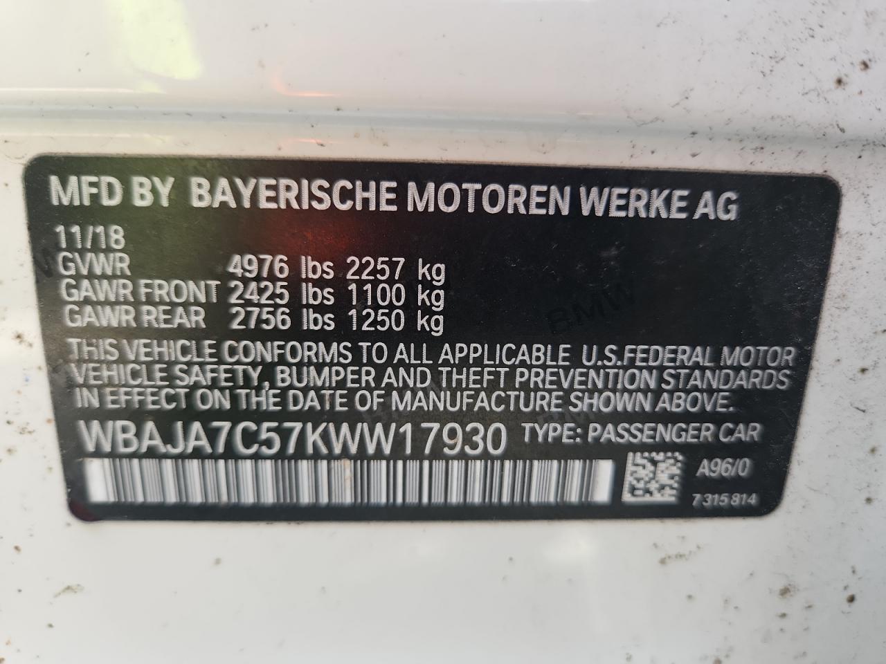 2019 BMW 530 Xi VIN: WBAJA7C57KWW17930 Lot: 85266585