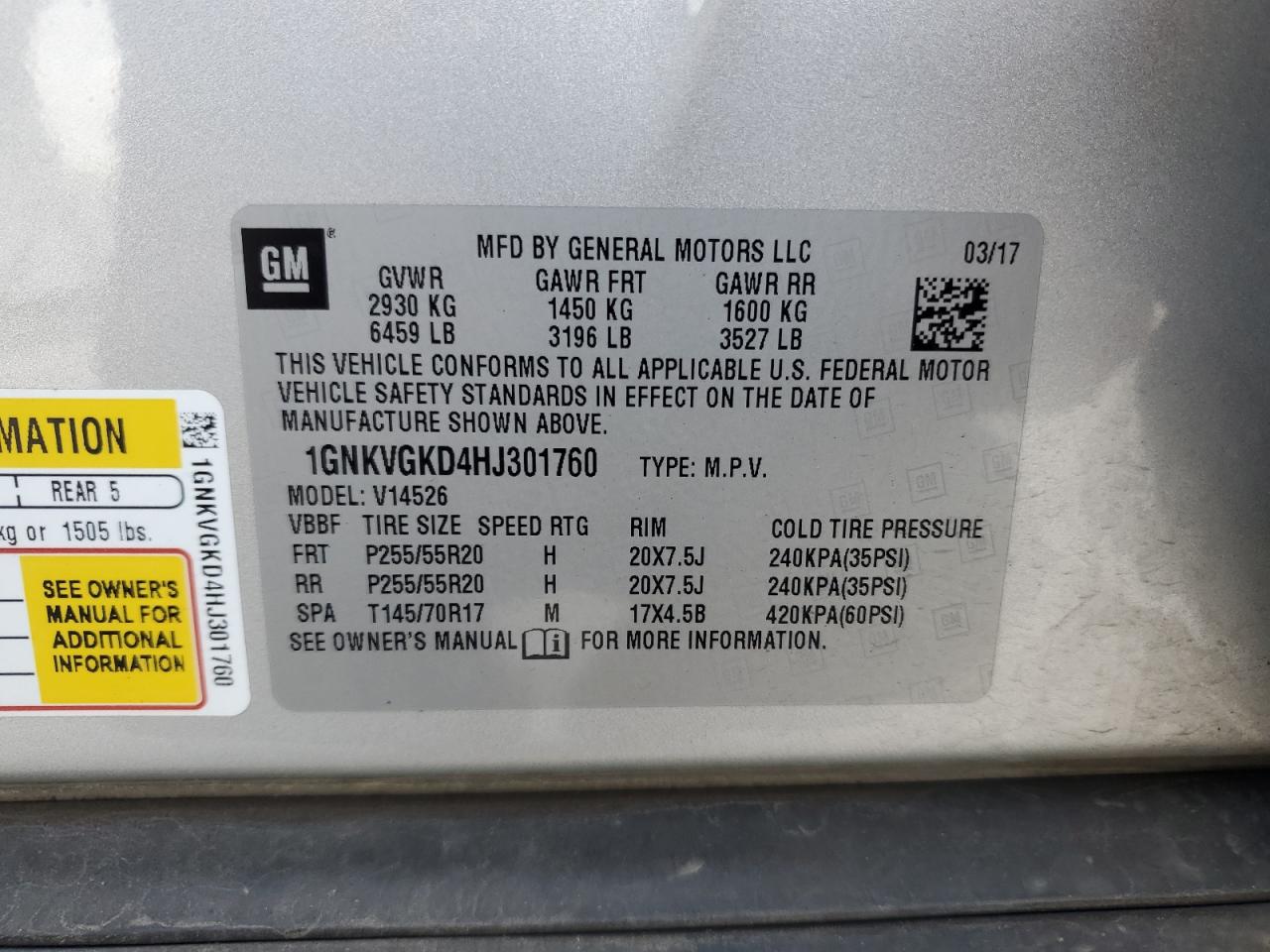 2017 Chevrolet Traverse Lt VIN: 1GNKVGKD4HJ301760 Lot: 82352505