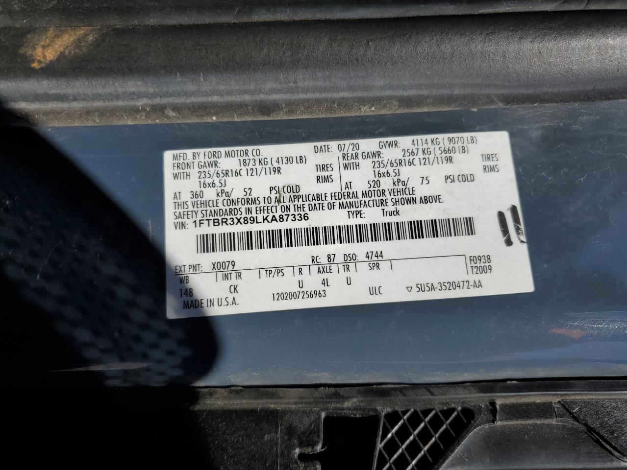 2020 Ford Transit T250 Delivery Van VIN: 1FTBR3X89LKA87336 Lot: 90231565