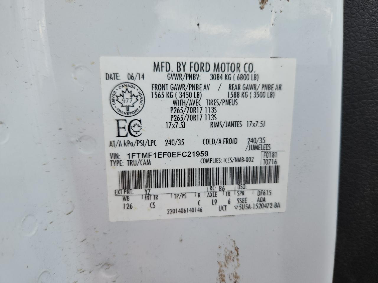 2014 Ford F150 VIN: 1FTMF1EF0EFC21959 Lot: 81891755