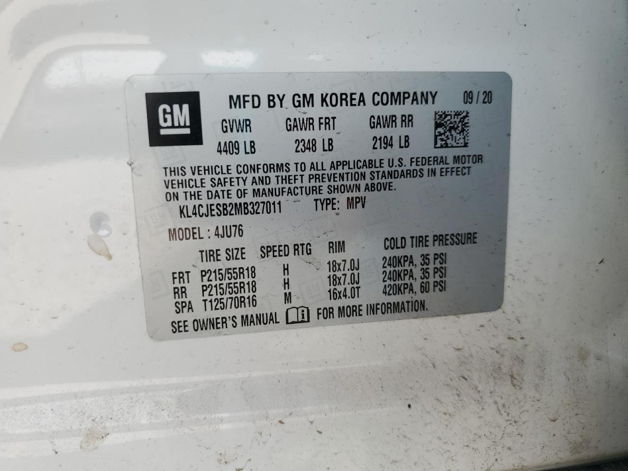 2021 Buick Encore Preferred VIN: KL4CJESB2MB327011 Lot: 82239505