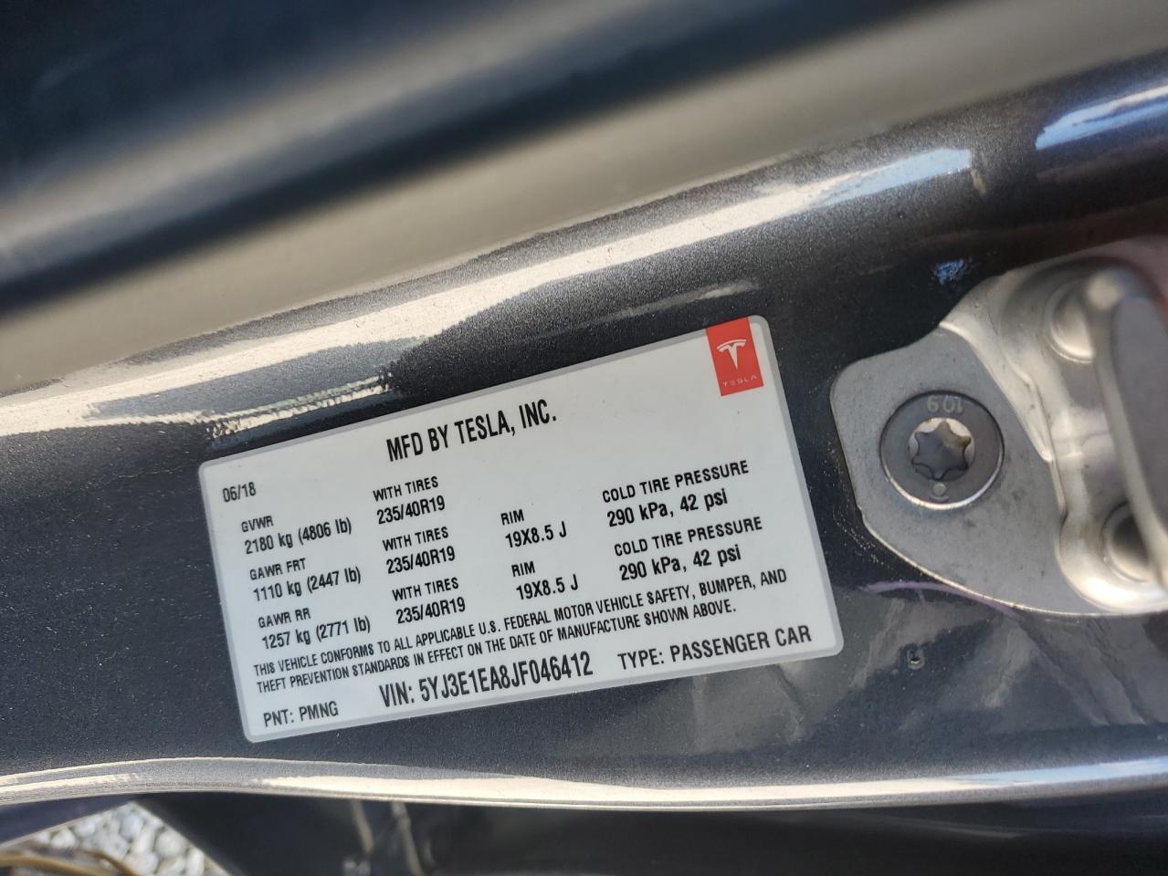 2018 Tesla Model 3 VIN: 5YJ3E1EA8JF046412 Lot: 87185015