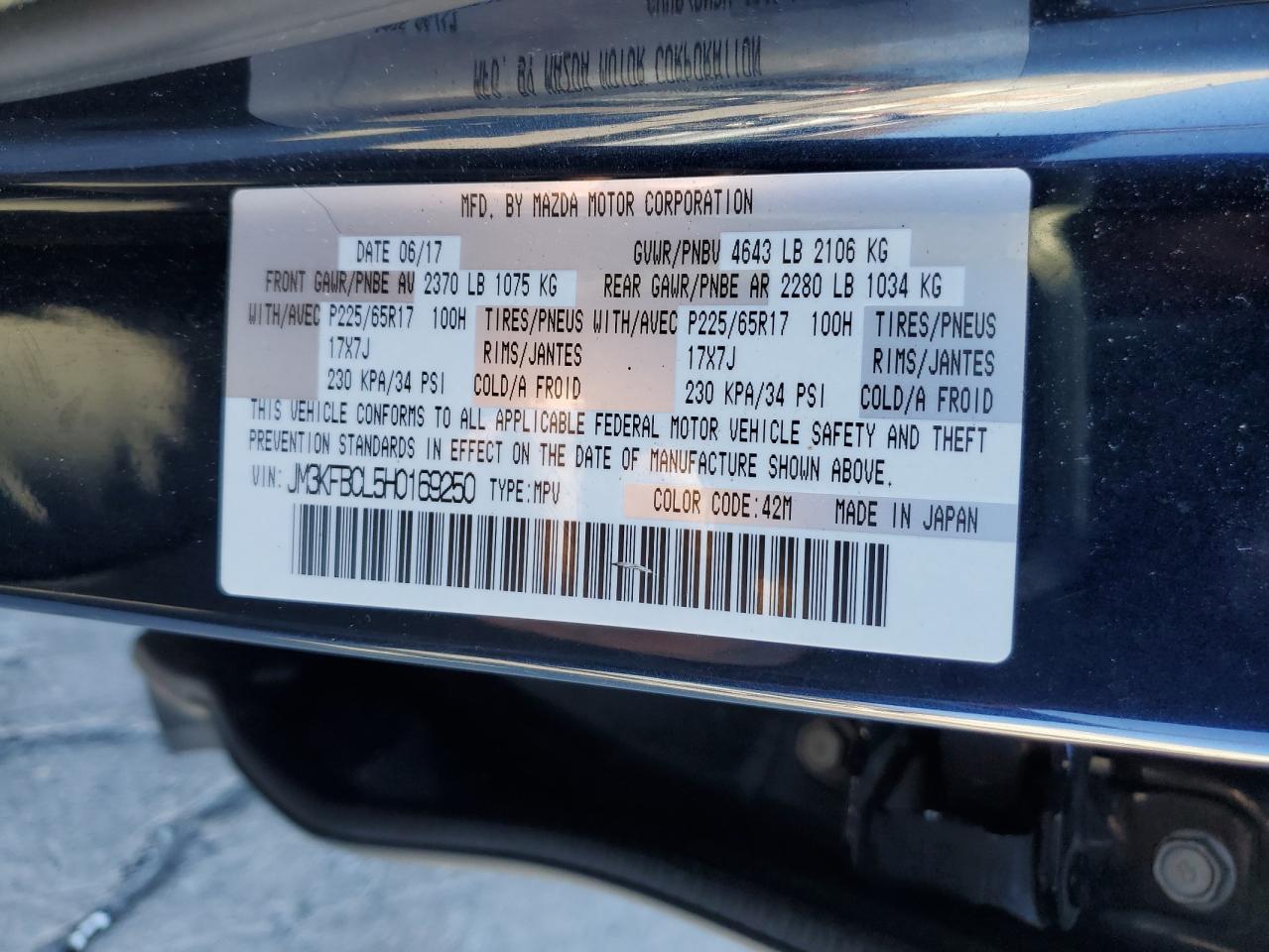 2017 Mazda Cx-5 Touring VIN: JM3KFBCL5H0169250 Lot: 89857015