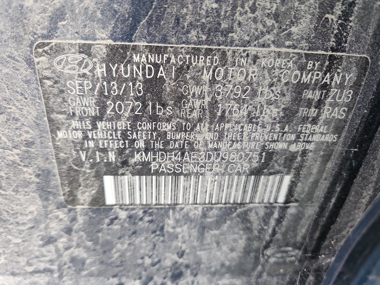 2013 Hyundai Elantra Gls VIN: KMHDH4AE3DU980751 Lot: 86332485