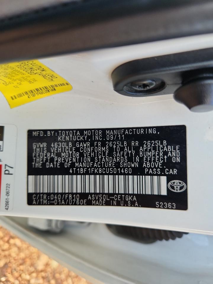 2012 Toyota Camry Base VIN: 4T1BF1FK8CU501460 Lot: 82340605
