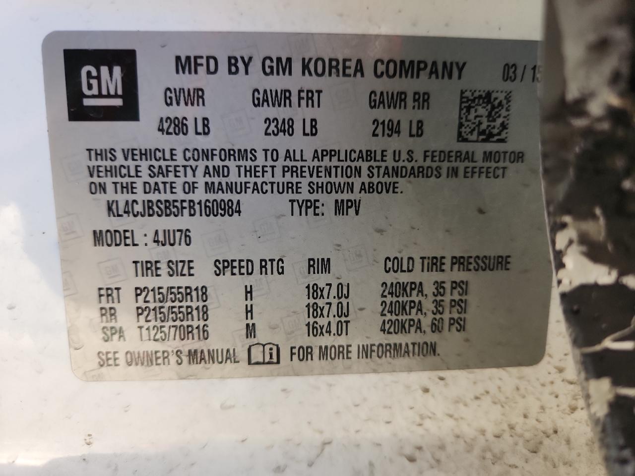 2015 Buick Encore Convenience VIN: KL4CJBSB5FB160984 Lot: 89648445